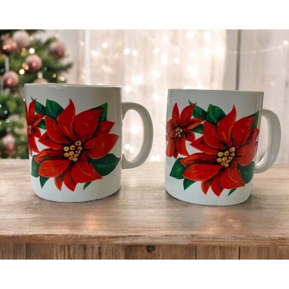 Enesco Other - Vintage Enesco Christmas Poinsettia Holly Leaf Mug Coffee Tea 9 Piece Set